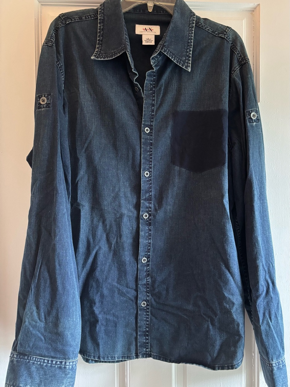 A/X Armani Exchange Men's Dark Blue Denim Button-Up Cotton Shirt Latge